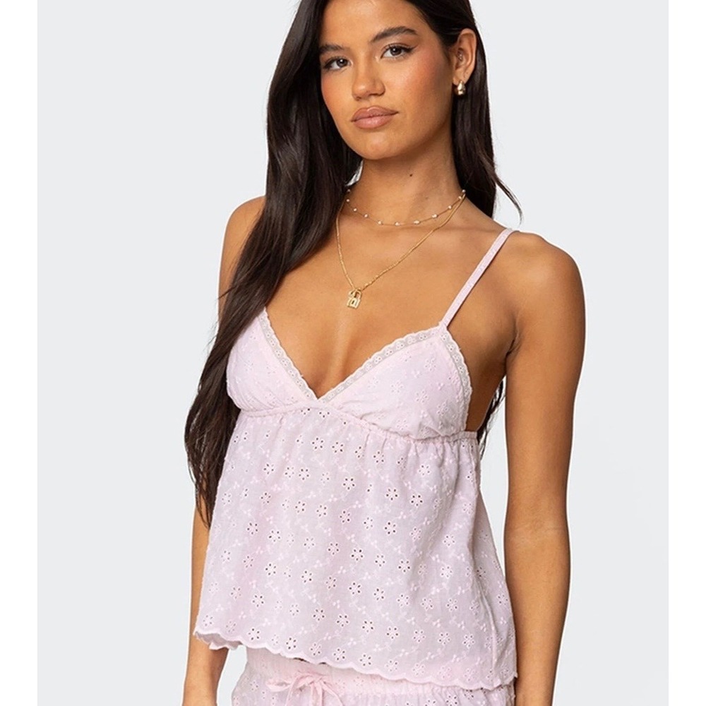 Pacsun Edikted Talula Eyelet Babydoll Cami Lace Trim Baby Pink Tank Top Womens M